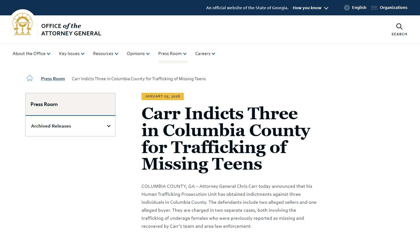 Carr Indicts Three in Columbia County for Trafficking of Missing Teens | Office of the Attorney General
